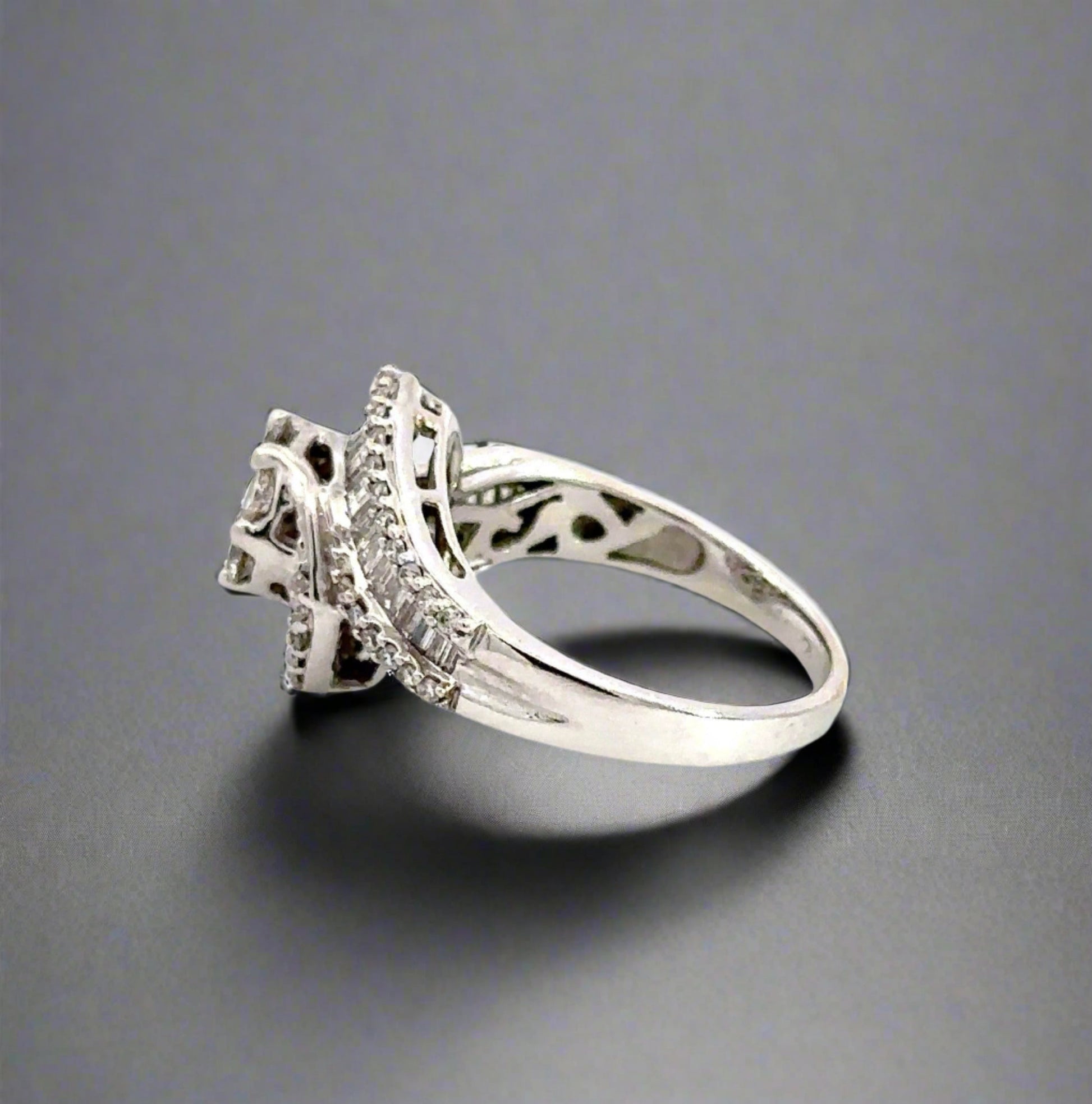 Side of white gold ring with faint scratches on band