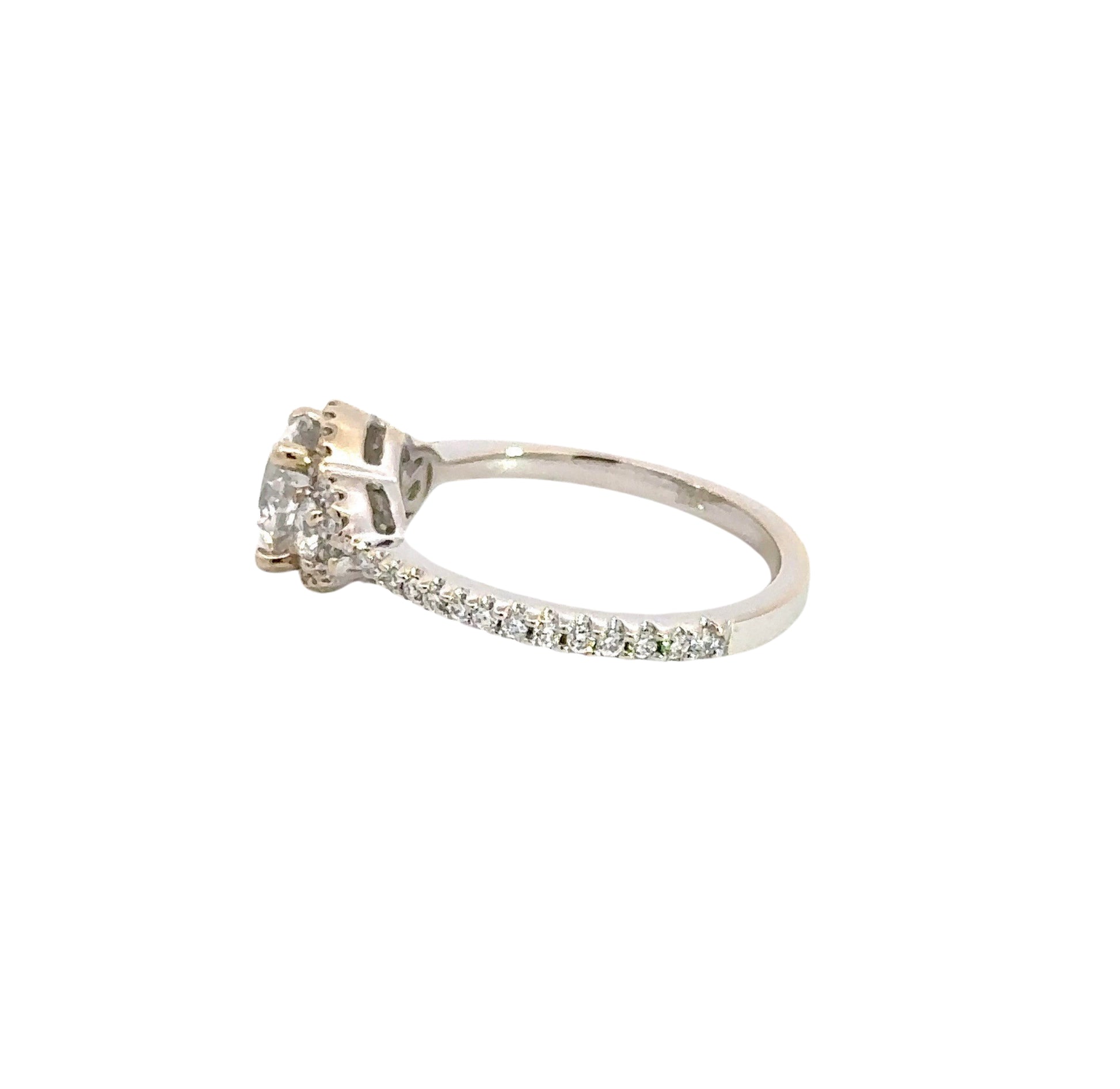 Side of white gold ring with diamonds on band