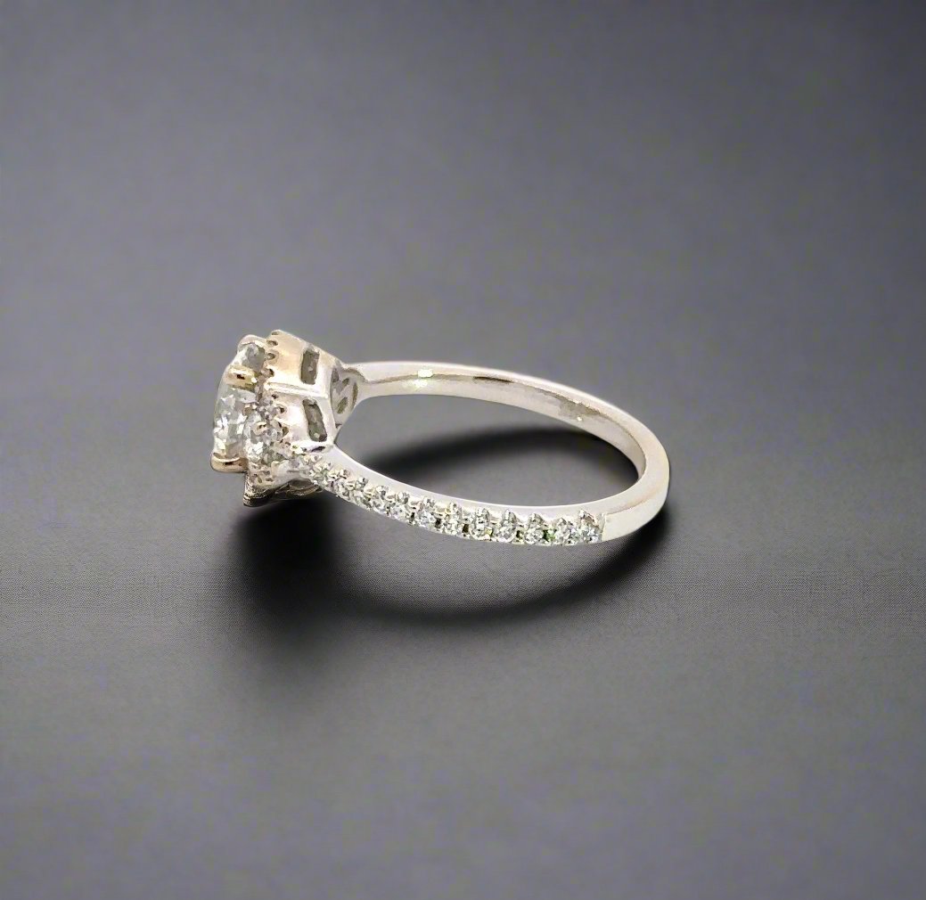 Side of white gold ring with diamonds on band