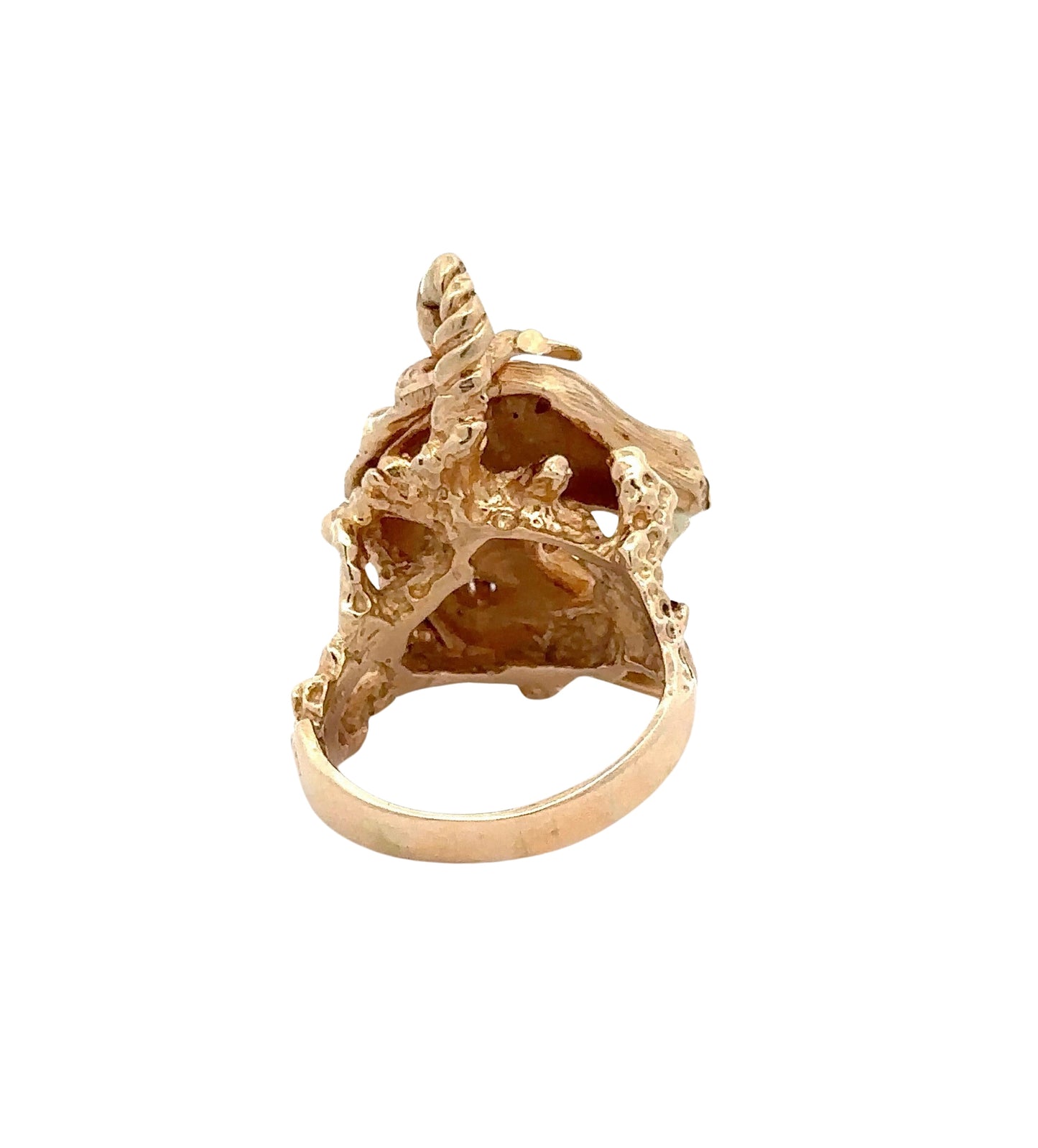 Back of yellow gold horse ring with scratches on band