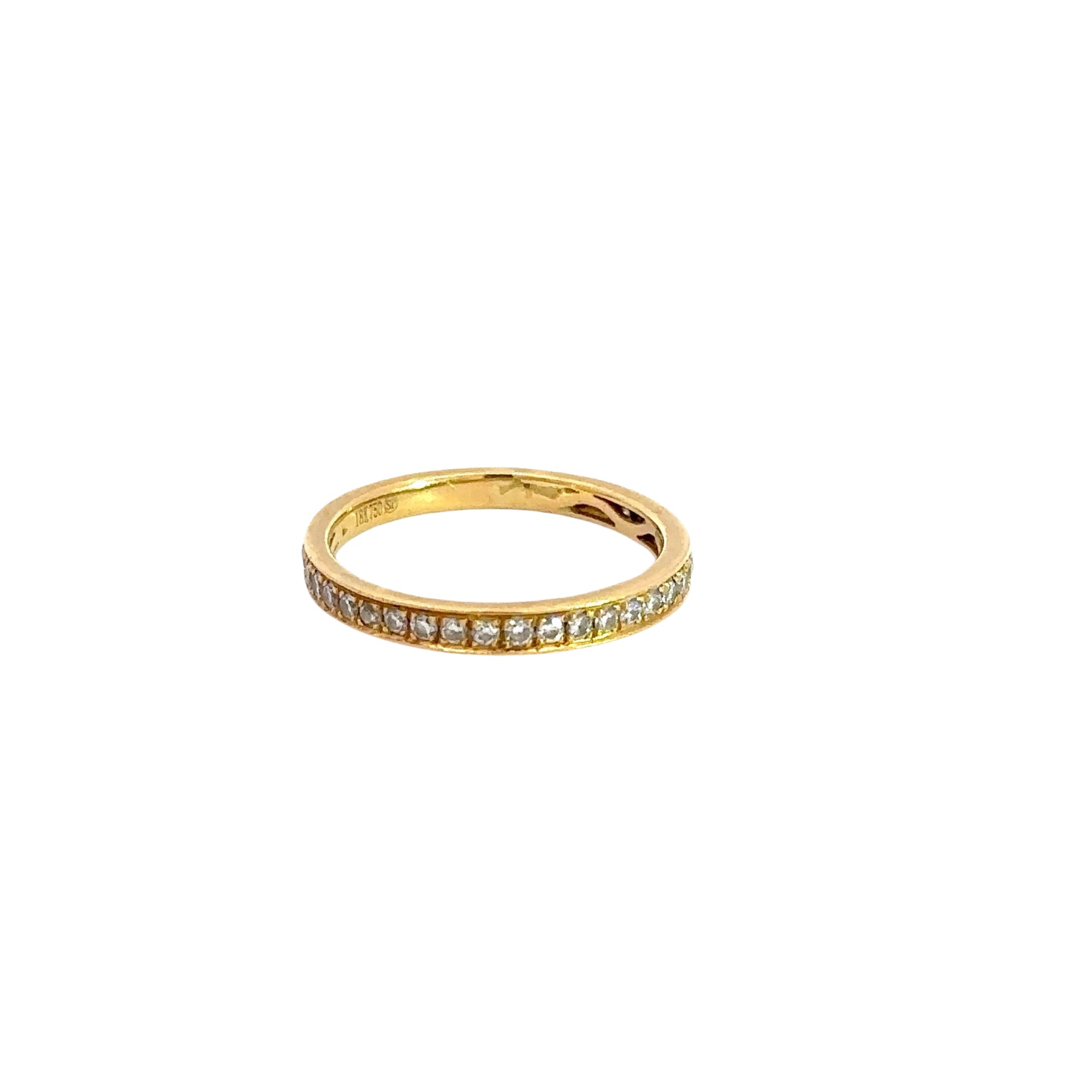 Front of yellow gold ring with small round diamonds.