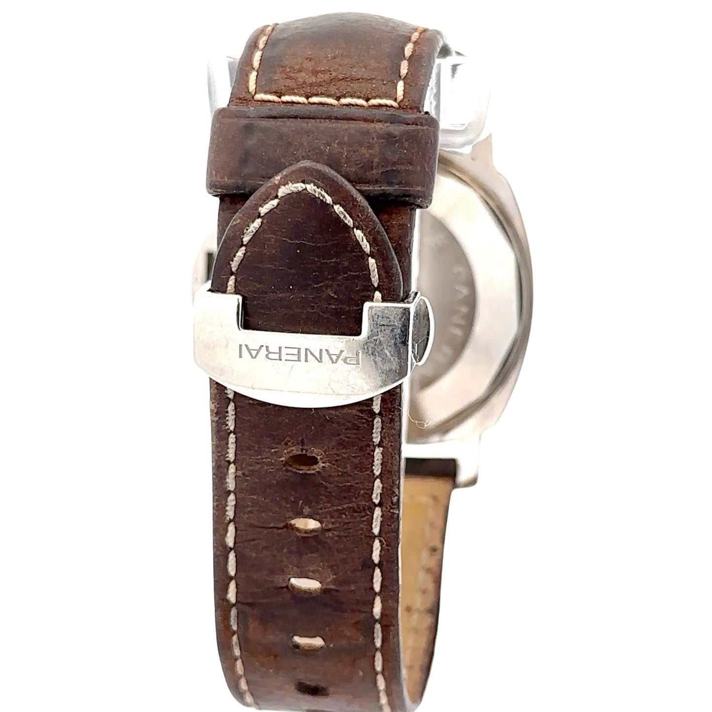 Panerai steel clasp with scratches and brown leather band with wear
