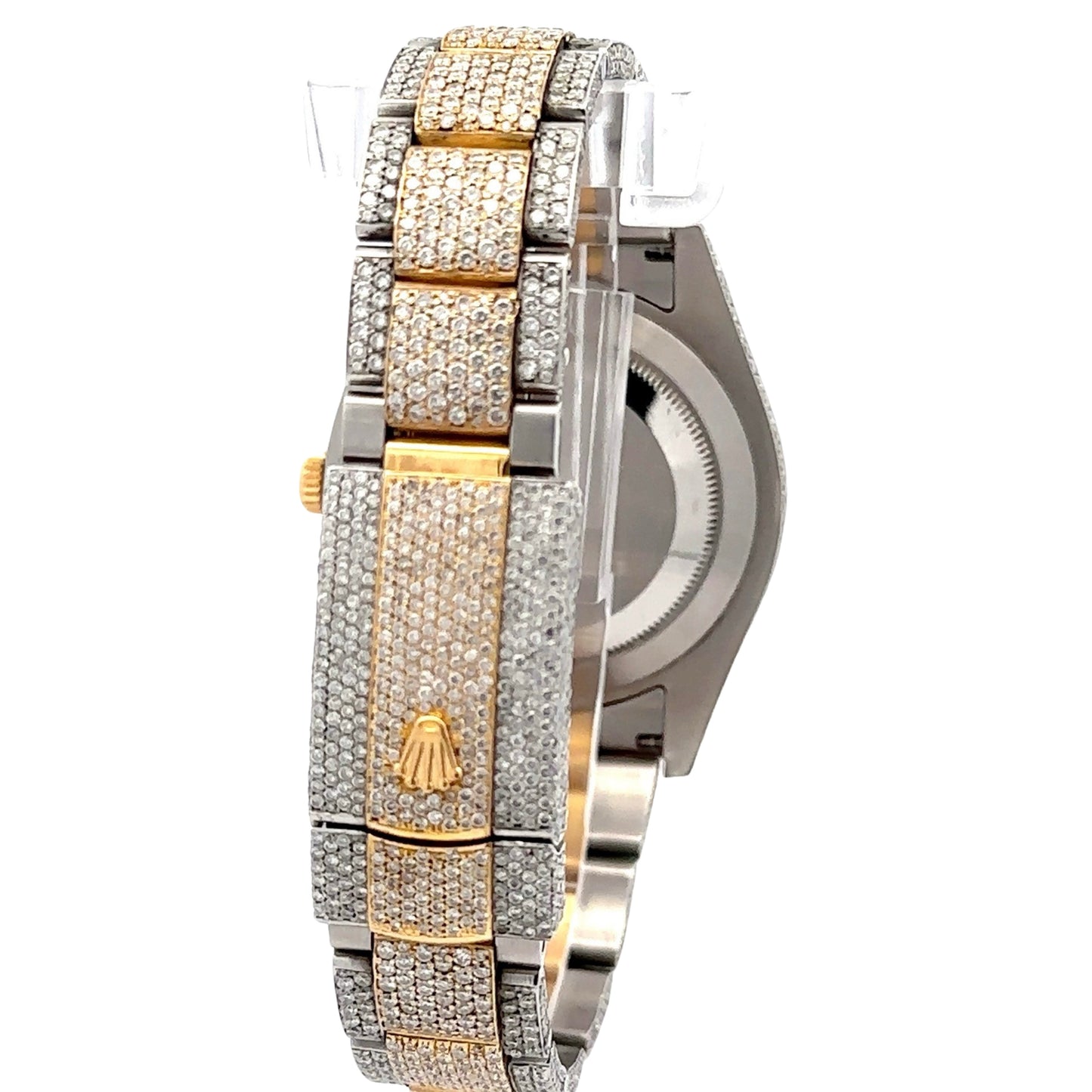 Back of clasp with yellow gold Rolex logo and 18K yellow gold + stainless steel band. Diamonds covering the entire clasp and outside of band