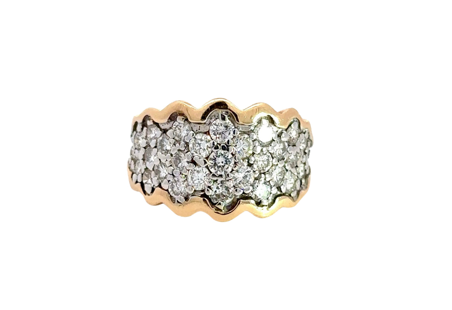 Front of diamond bang ring with a wavy gold design on the outline in yellow and white gold. Round diamonds ranging from .03-.05 carats on band