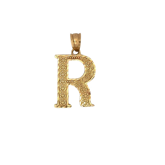 Yellow gold R pendant with details on the gold