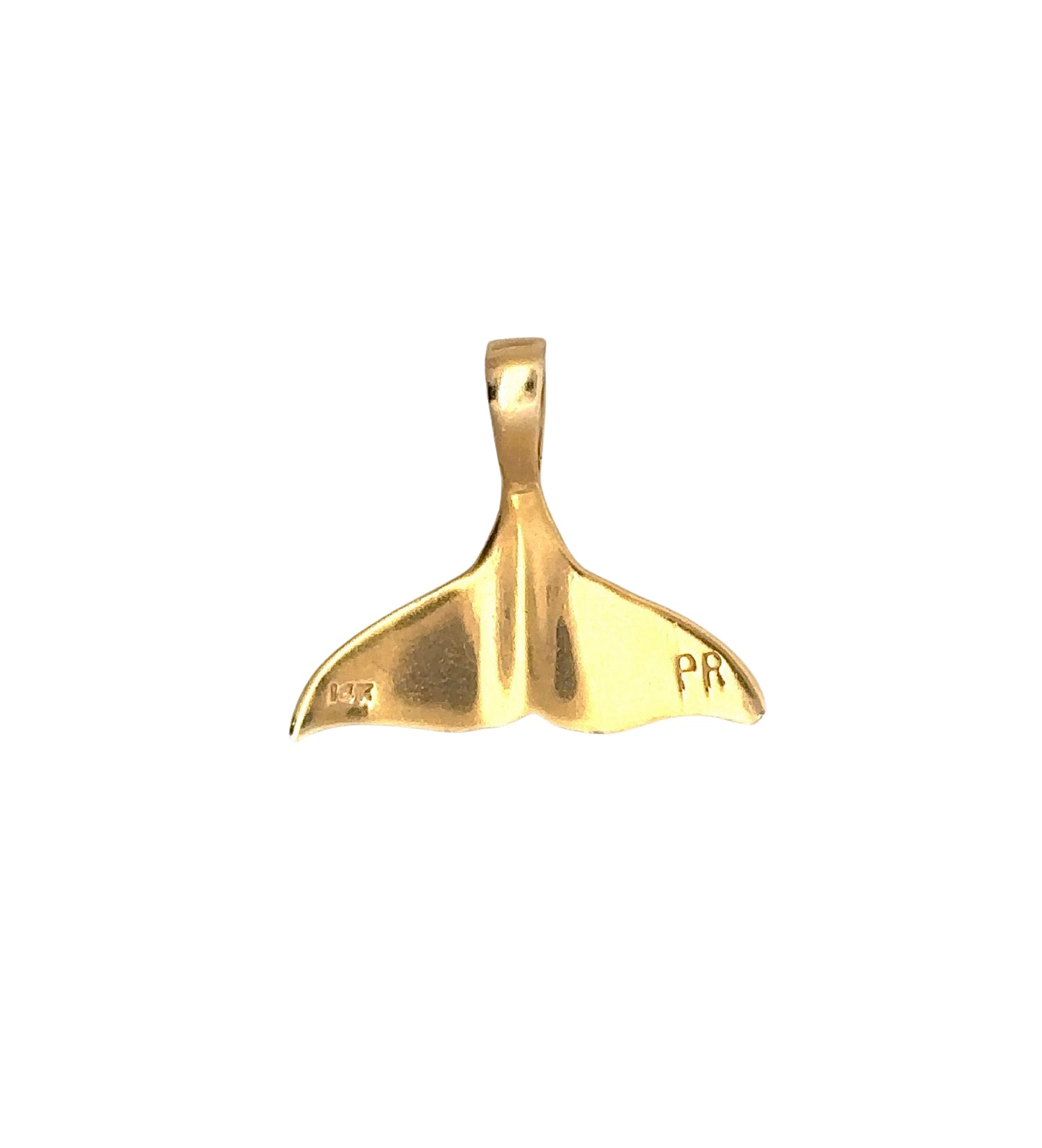 back of yellow gold whale tail pendant with "PR" + 14K stamp