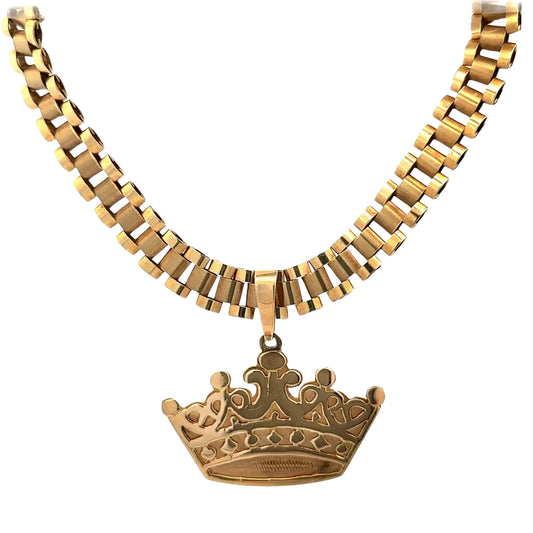 yellow gold rolex chain with yellow gold queen's crown pendant