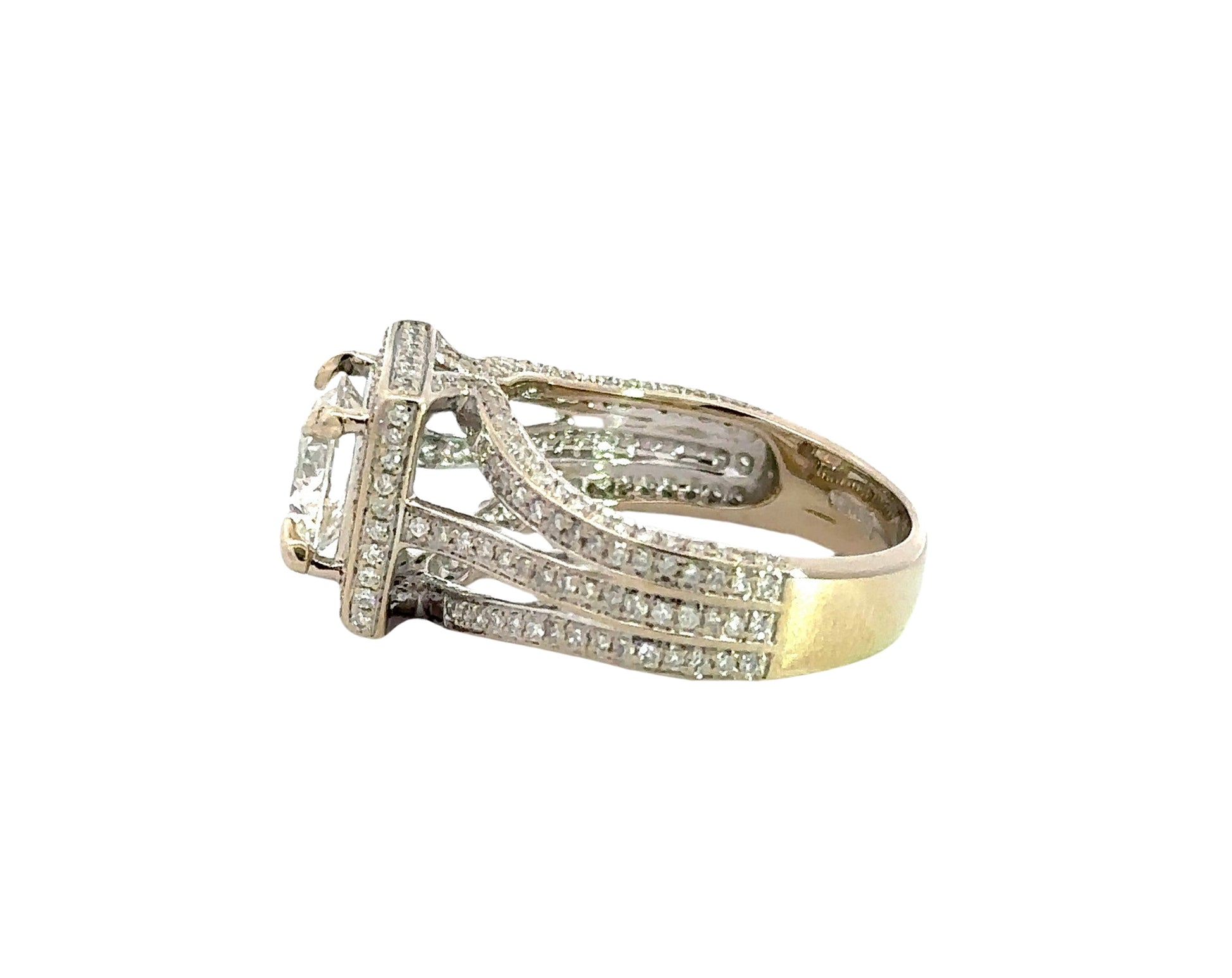 side of ring with 3 rows of diamonds on the band