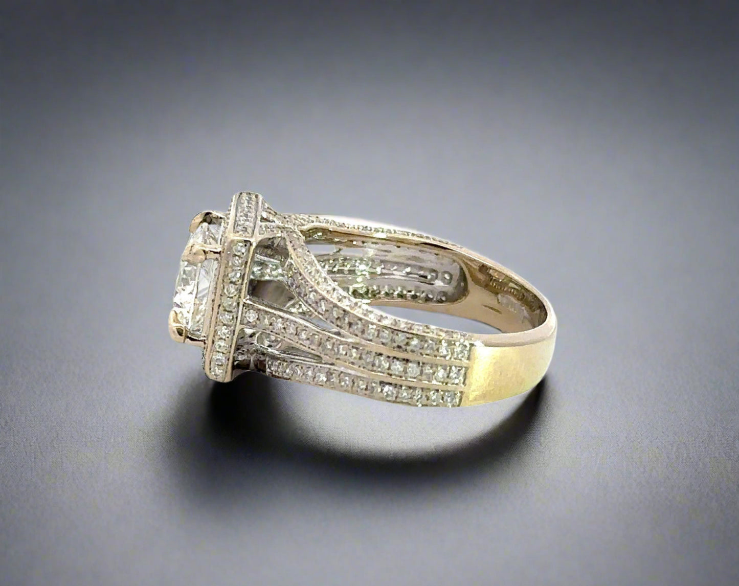side of ring with 3 rows of diamonds on the band