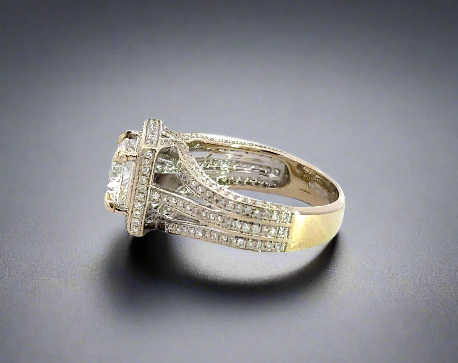 side of ring with 3 rows of diamonds on the band
