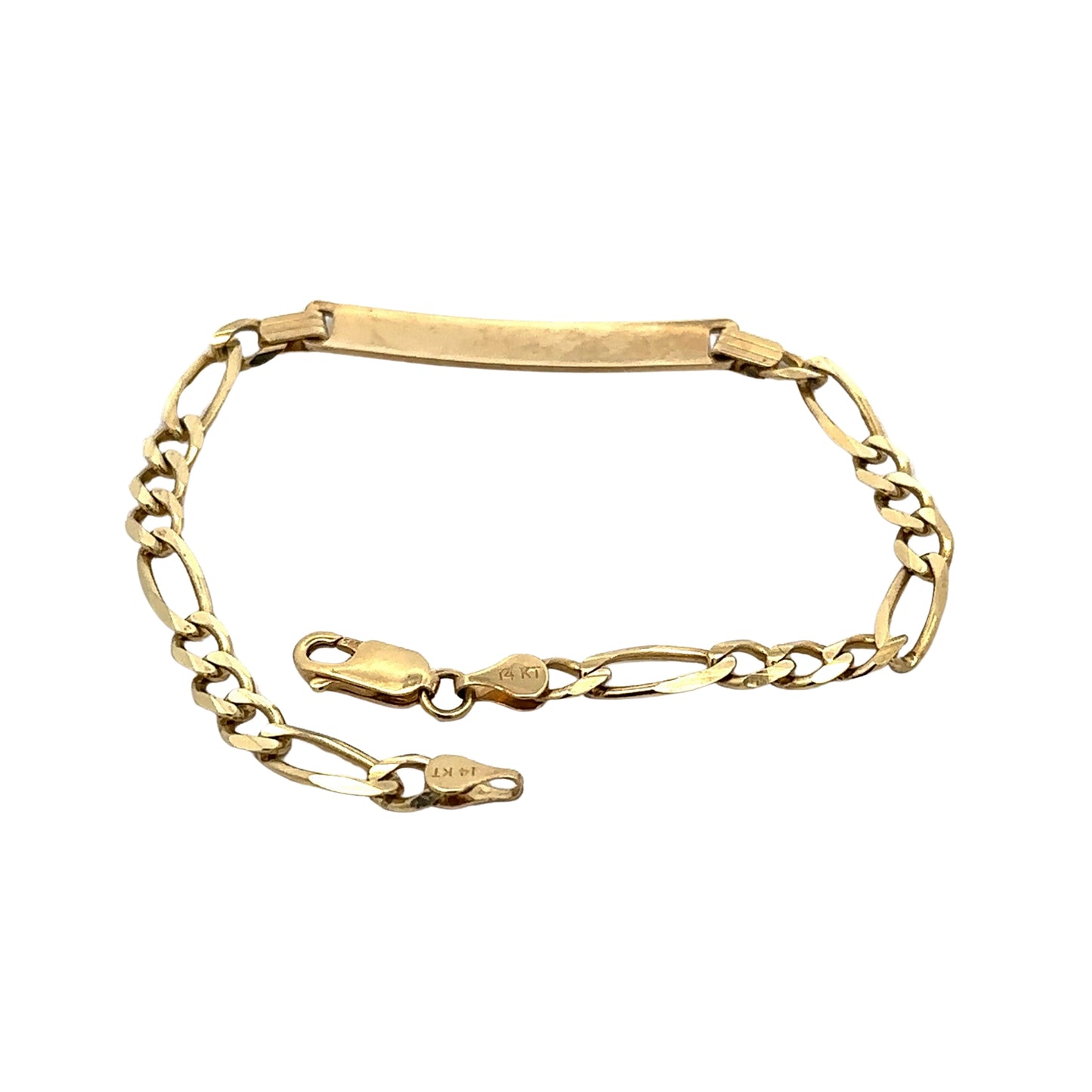 Back of yellow gold figaro link ID plate bracelet with 14K stamp on lobster clasp