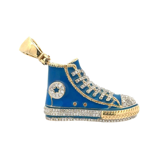Front of blue all star high top converse shoe pendant in yellow gold with diamonds