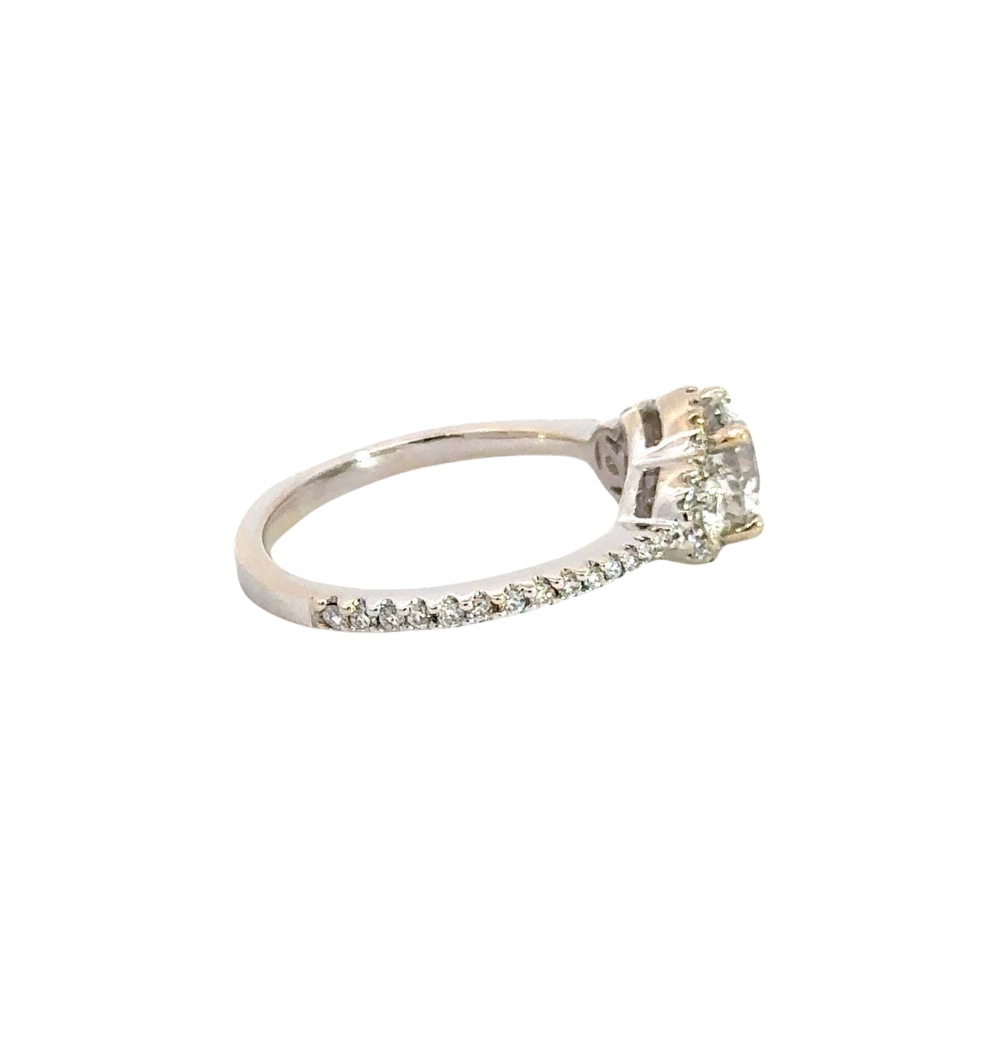 Side of white gold ring with diamonds on band