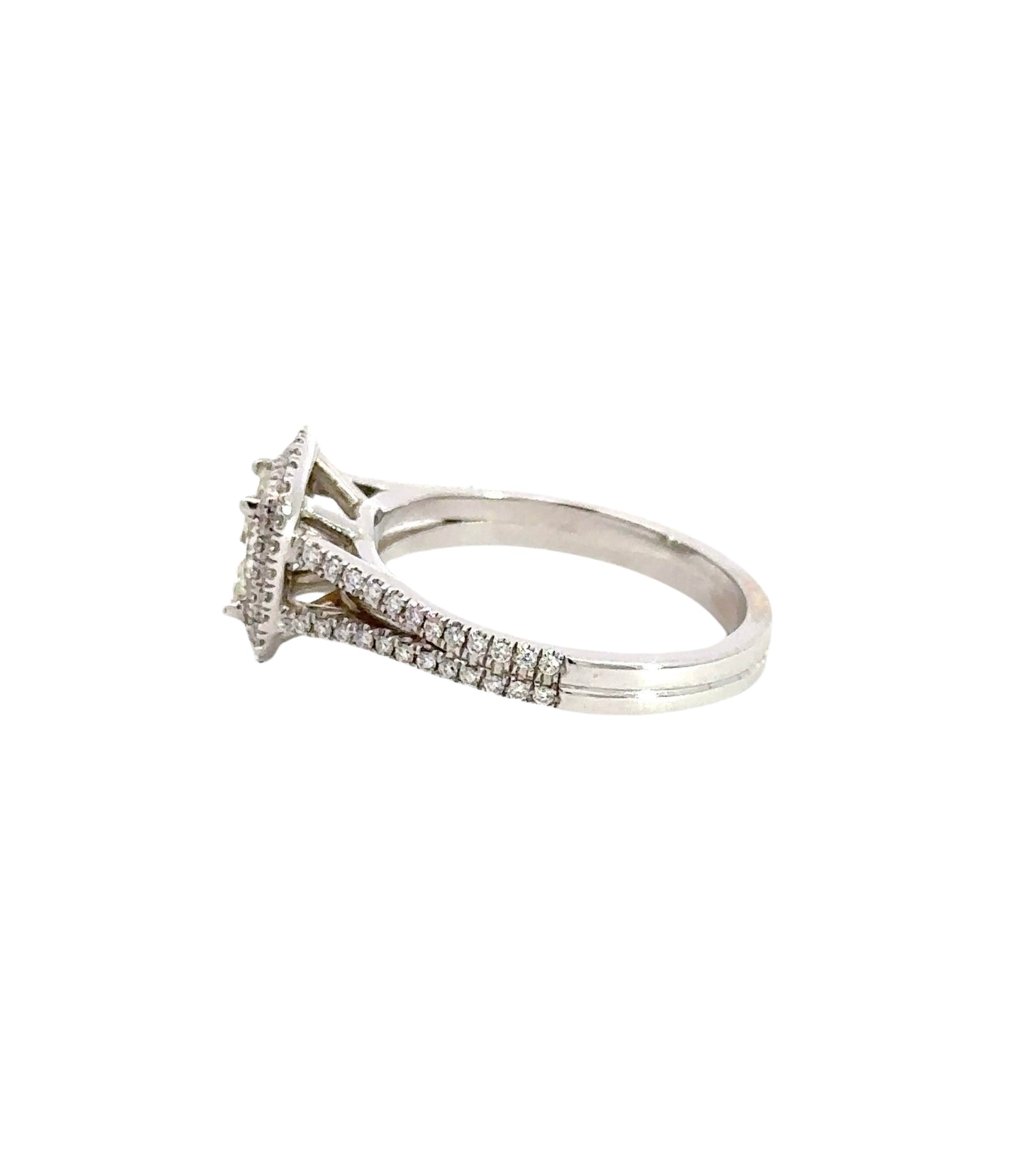 side of white gold diamond ring with 2 rows of small diamonds on band