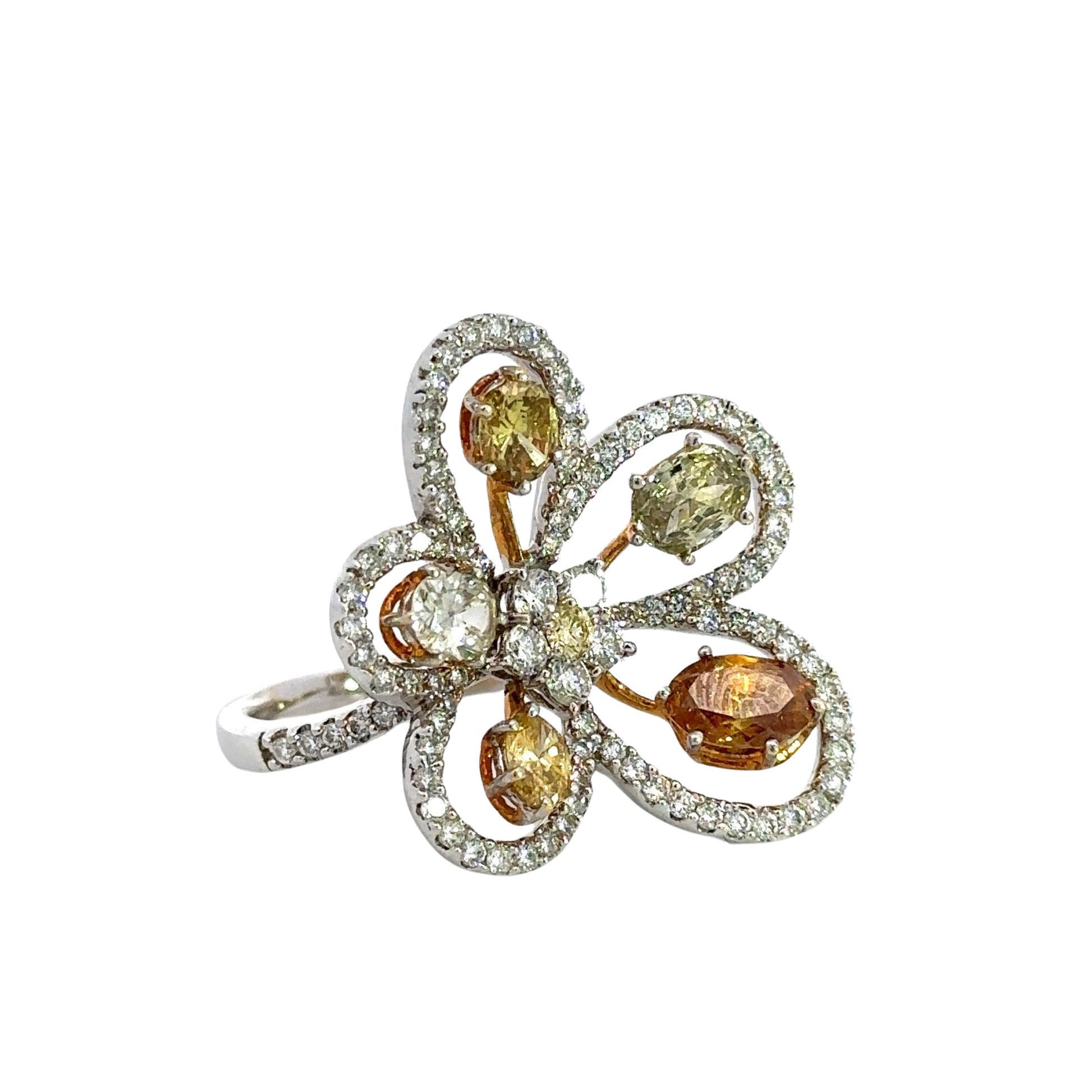 Diagonal view of white gold diamond floral ring with 6 colored stones