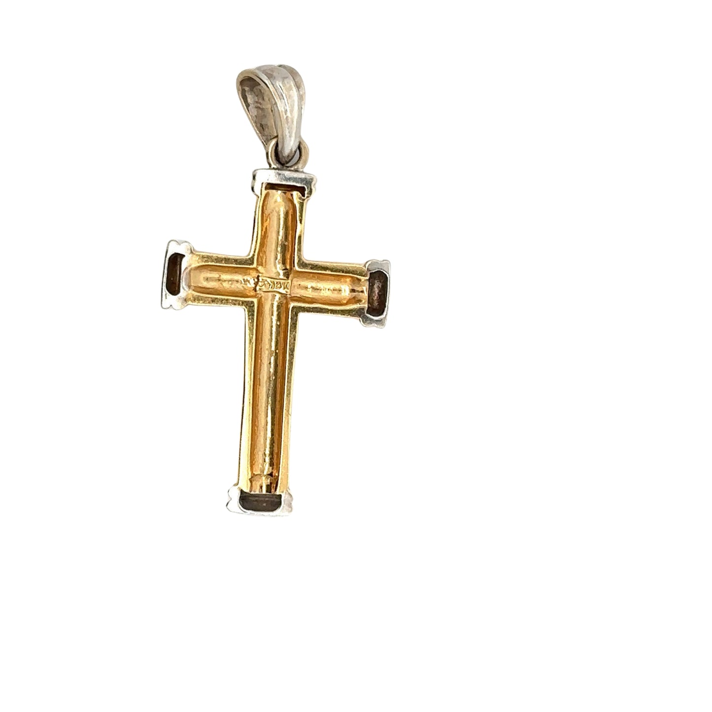 Back of yellow and white gold cross with hollow back, 14K stamp and scratches on gold
