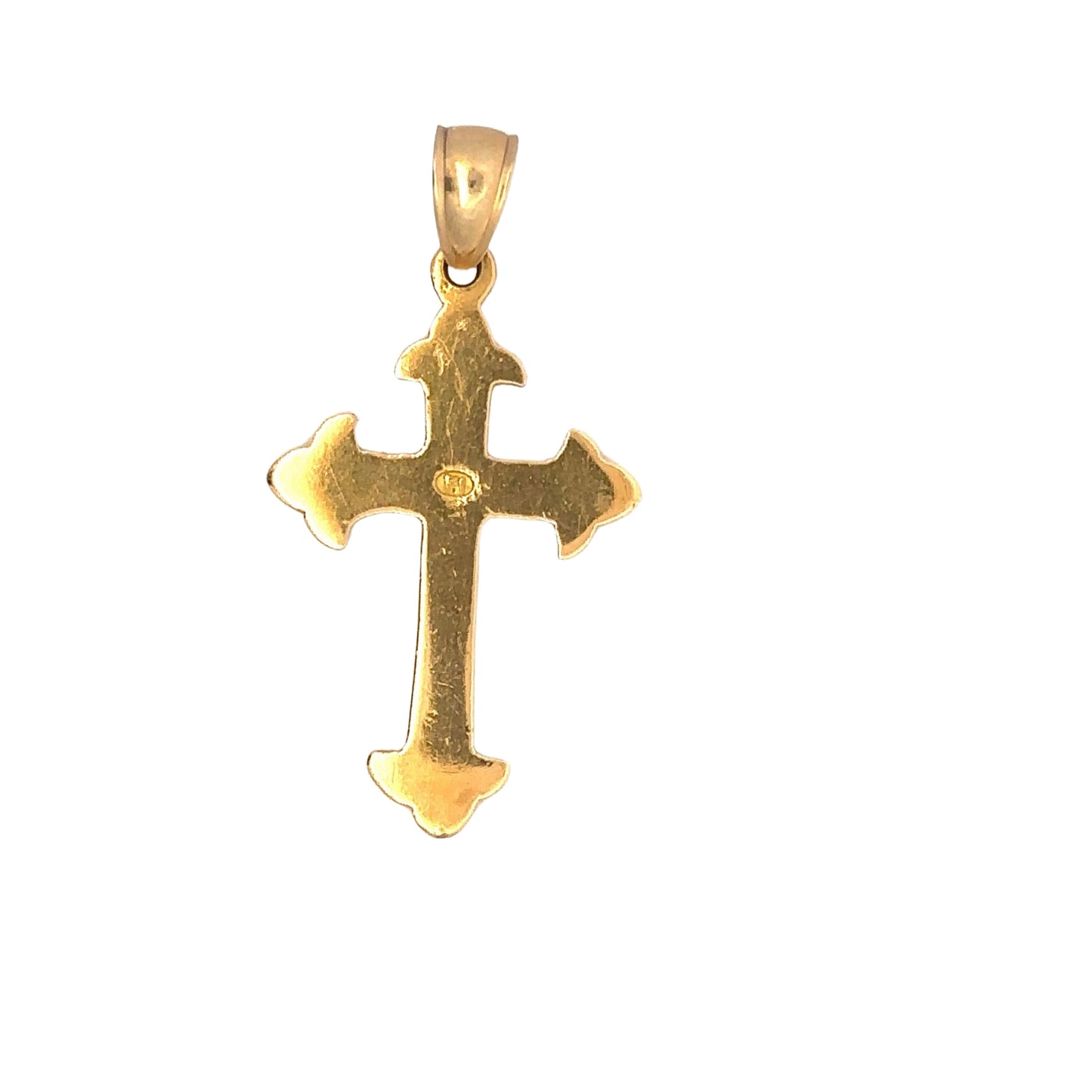 Back of yellow gold cross pendant with many scratches