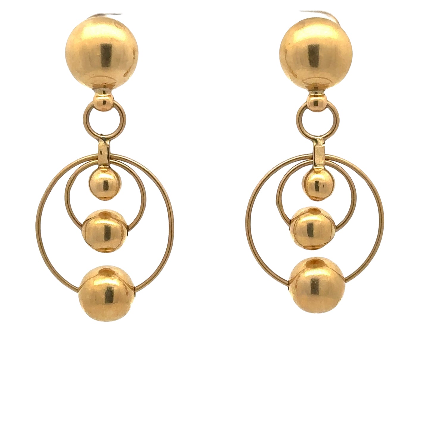 Yellow gold drop earrings with 2 hoops at the bottom and 4 gold spheres