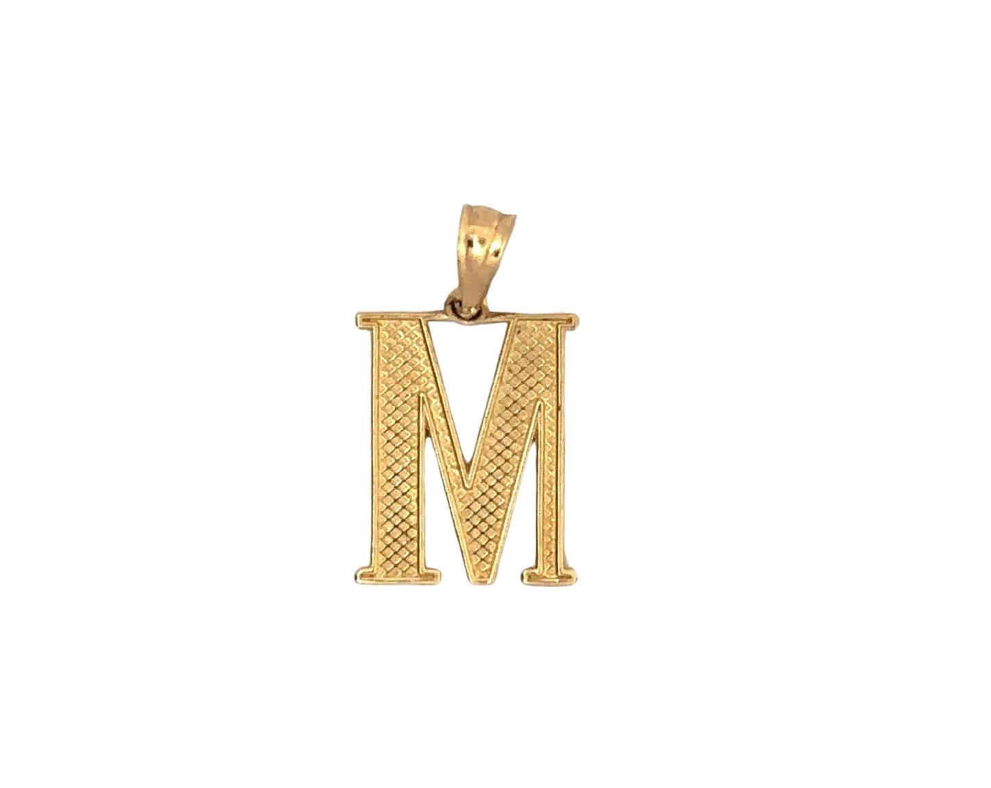 Back of yellow gold M pendant with textured gold