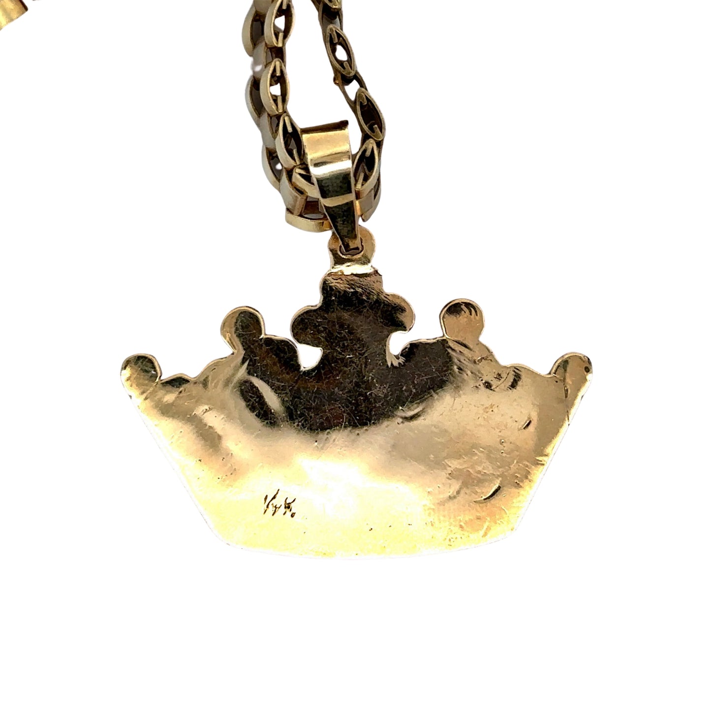back of queen's crown pendant with 14K stamp and scratches