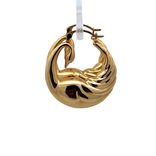 side of yellow gold hoop earrings in the shape of a swan 