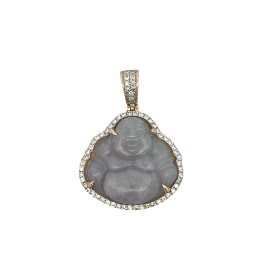 Front of lavender jade buddha pendant with diamonds outlining it