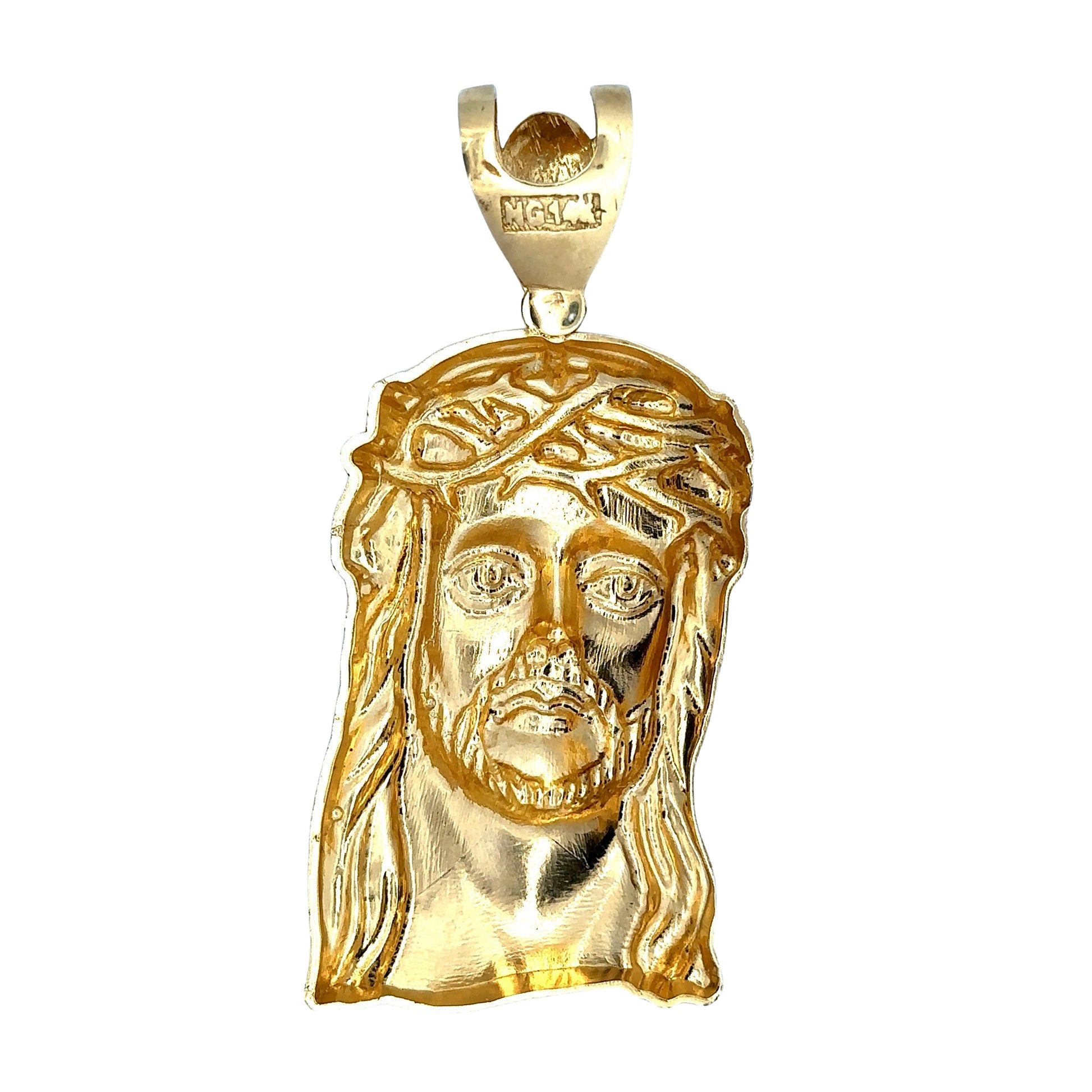 Back of jesus head pendant with yellow gold back and 14K stamp on bail