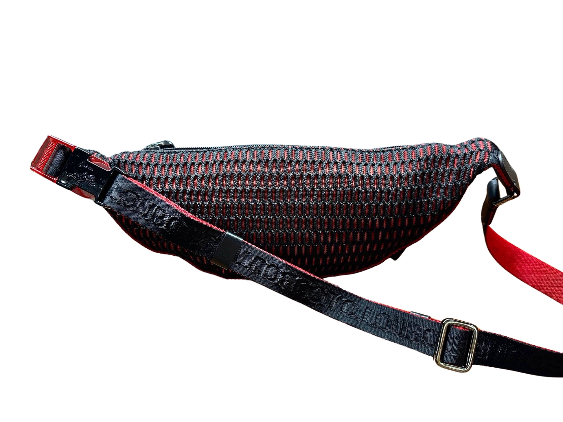 Back of belt bag with red + black textured design