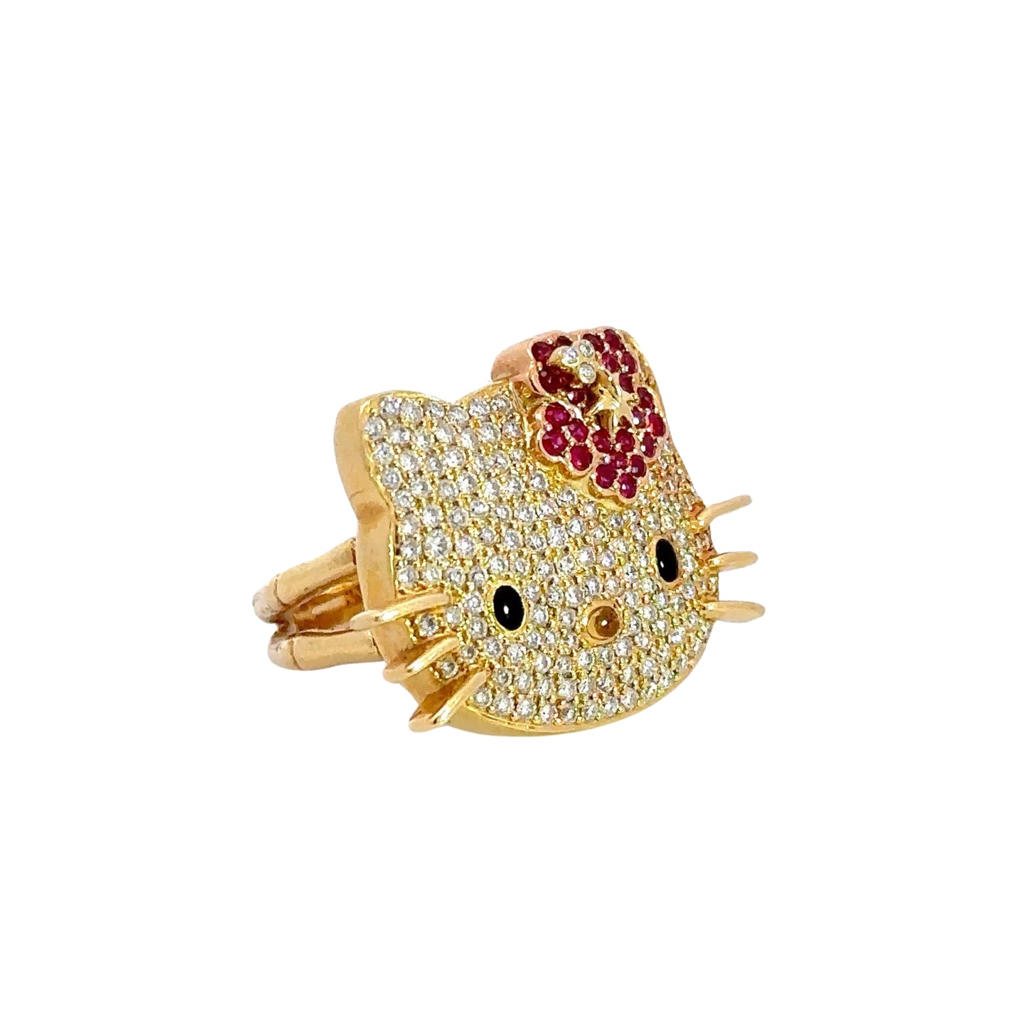 diagonal view of hello kitty ring in yellow gold