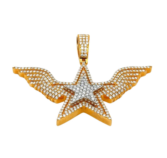 Front of diamond star pendant with wings in white and yellow gold