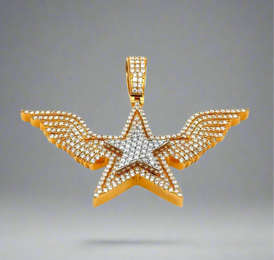 Front of diamond star pendant with wings in white and yellow gold
