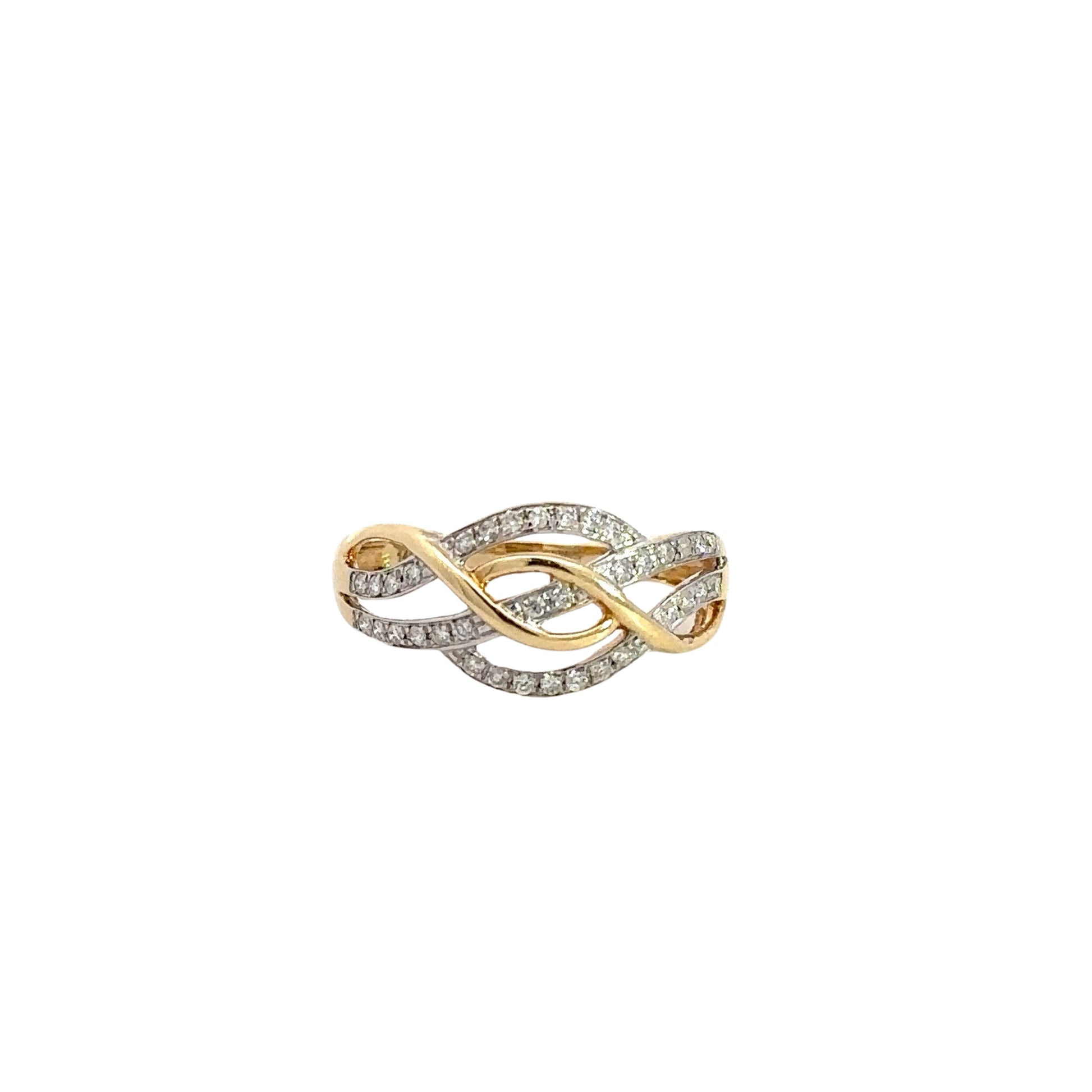 Front of yellow gold crossover ring with round diamonds on part of the crossover design.