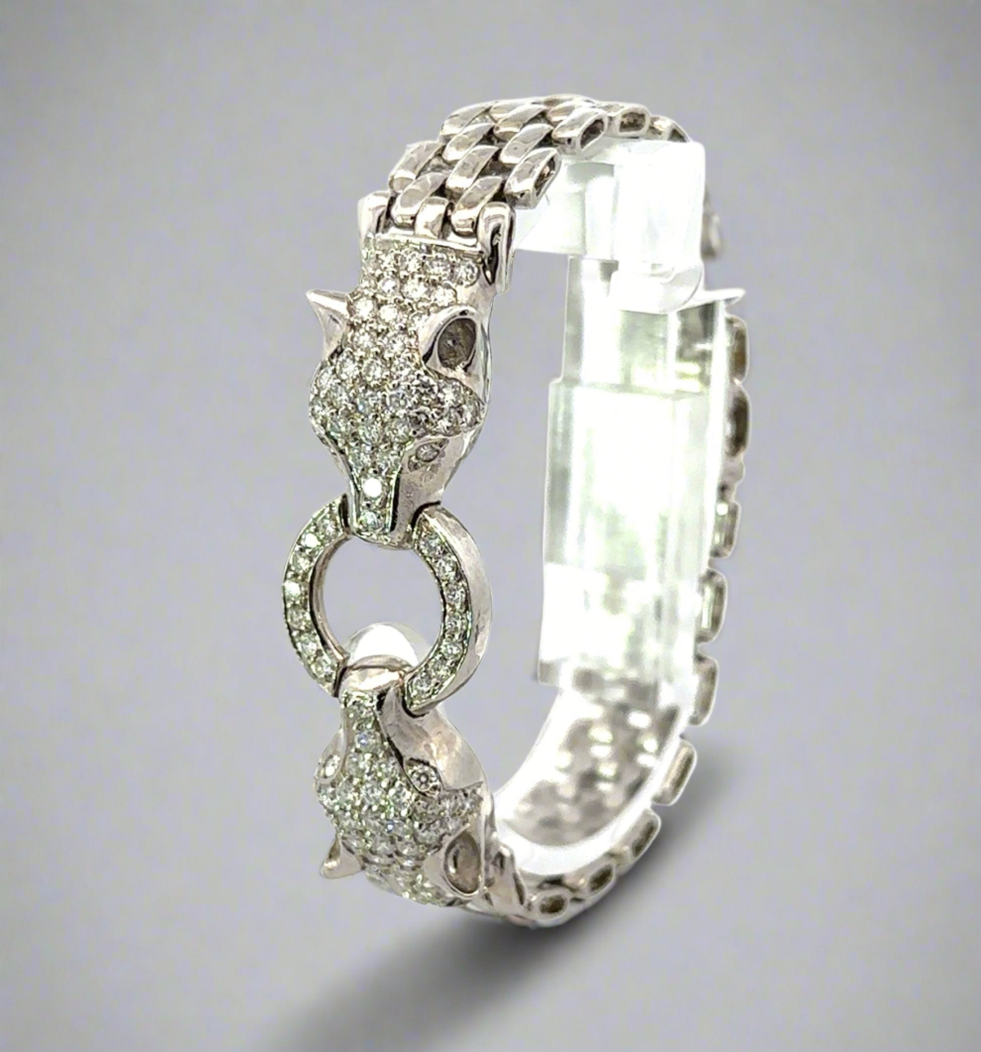 Diagonal view of diamond panther bracelet