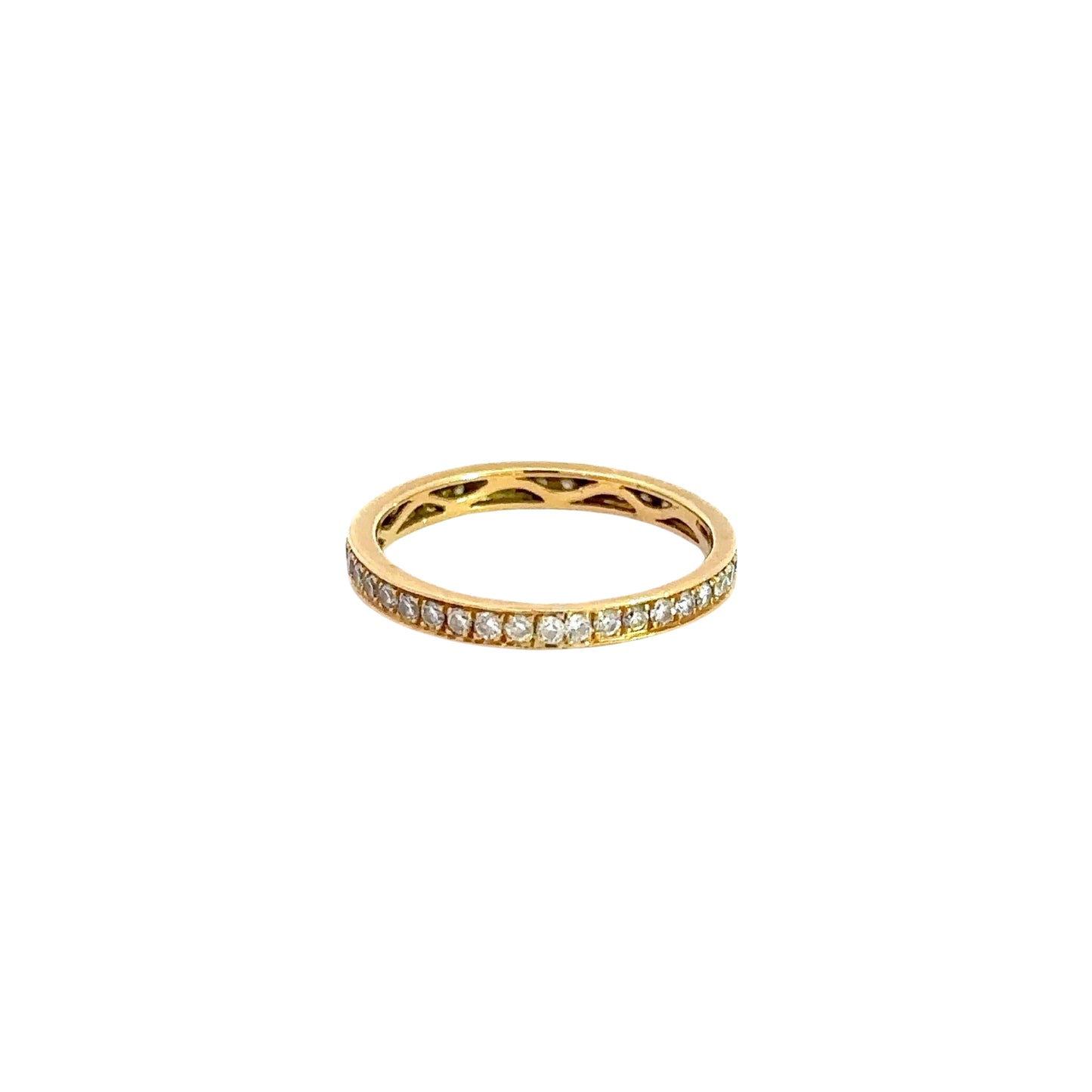 Back of yellow gold ring with small round diamonds.