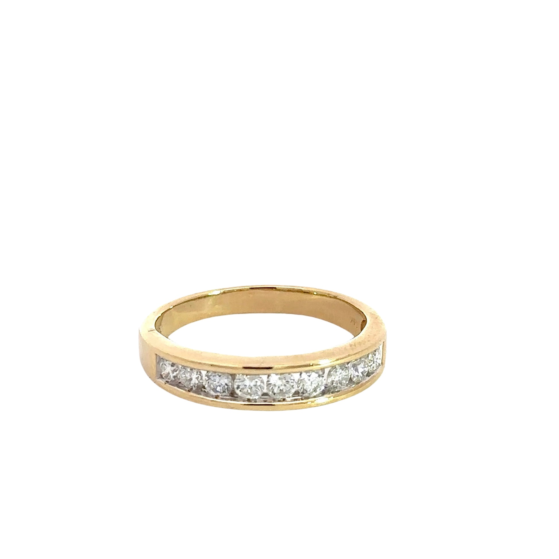 Front of diamond band ring with 10 round diamonds on half of the ring