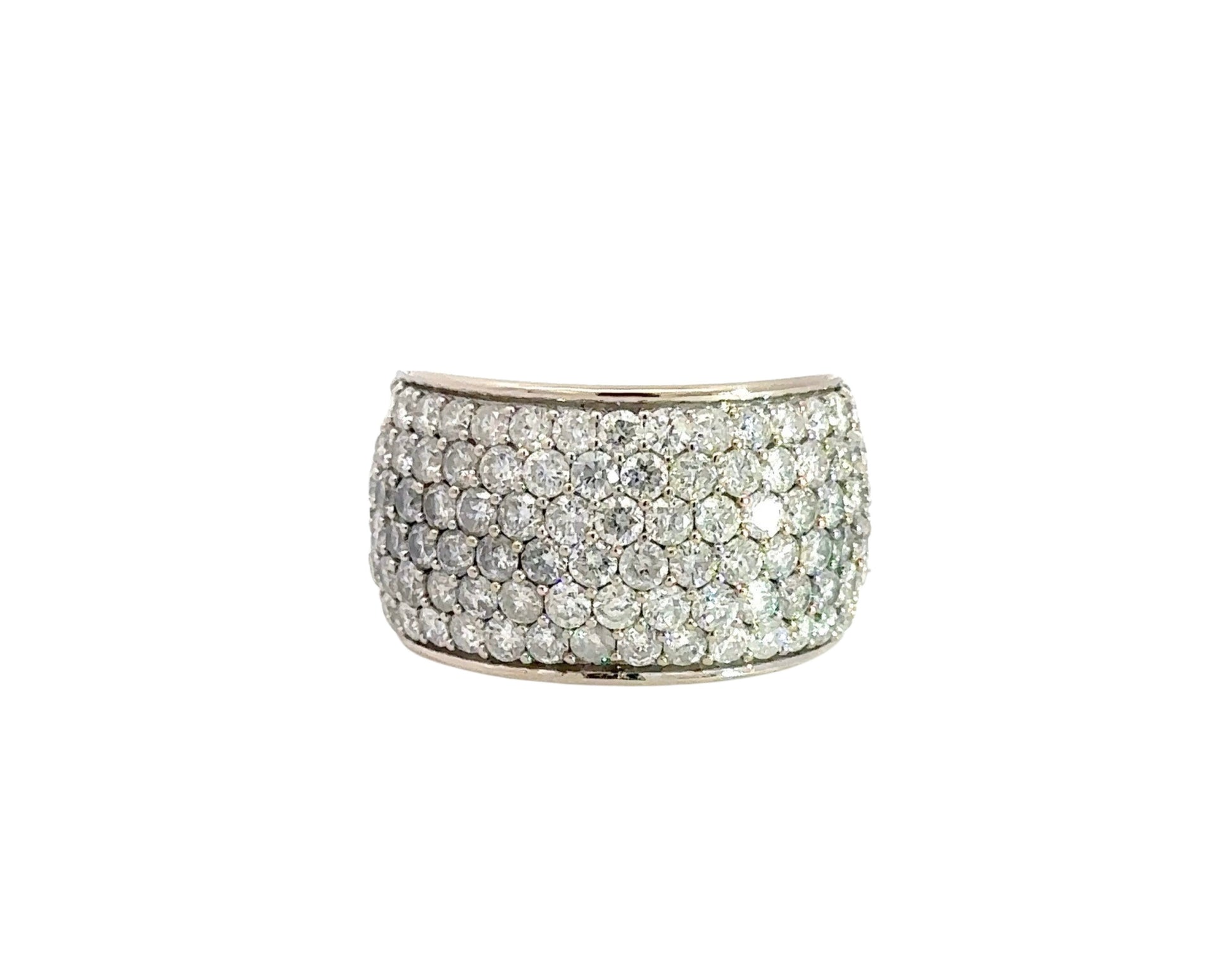 front of white gold diamond band ring with 3 rows of 15 round diamonds and 3 rows of 14 round diamonds on half the band