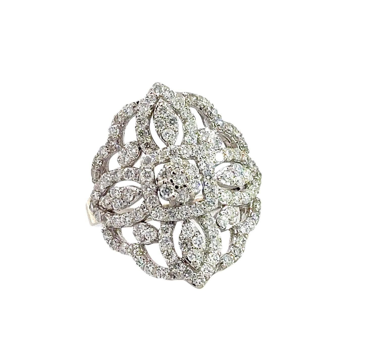 white gold floral statement diamond ring with clusters of diamonds surrounding small center flower