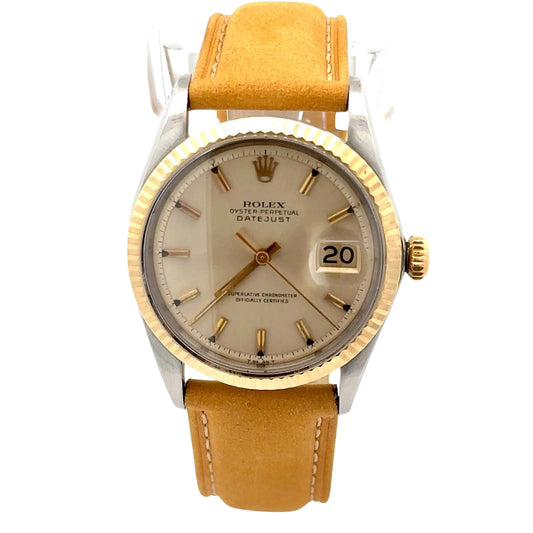 Front of Rolex Datejust with champagne dial + beige yellow leather band