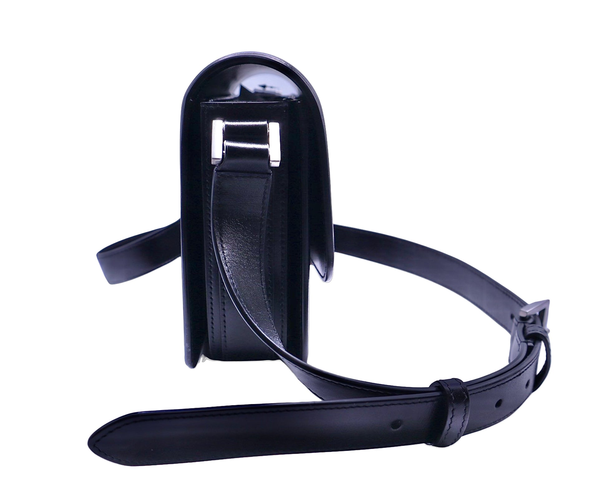 Side of YSL black shoulder bag with adjustable shoulder strap