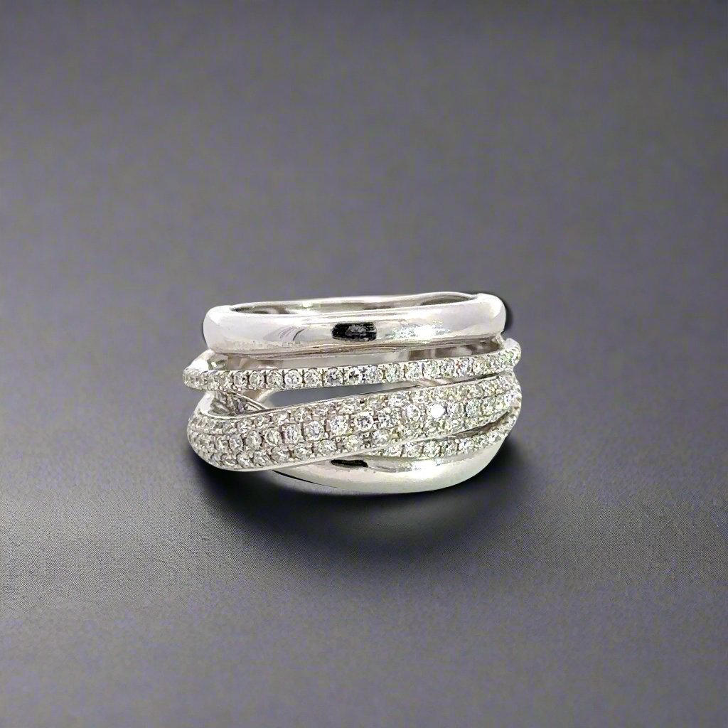 Front of criss-cross diamond ring with 5 rows of diamonds