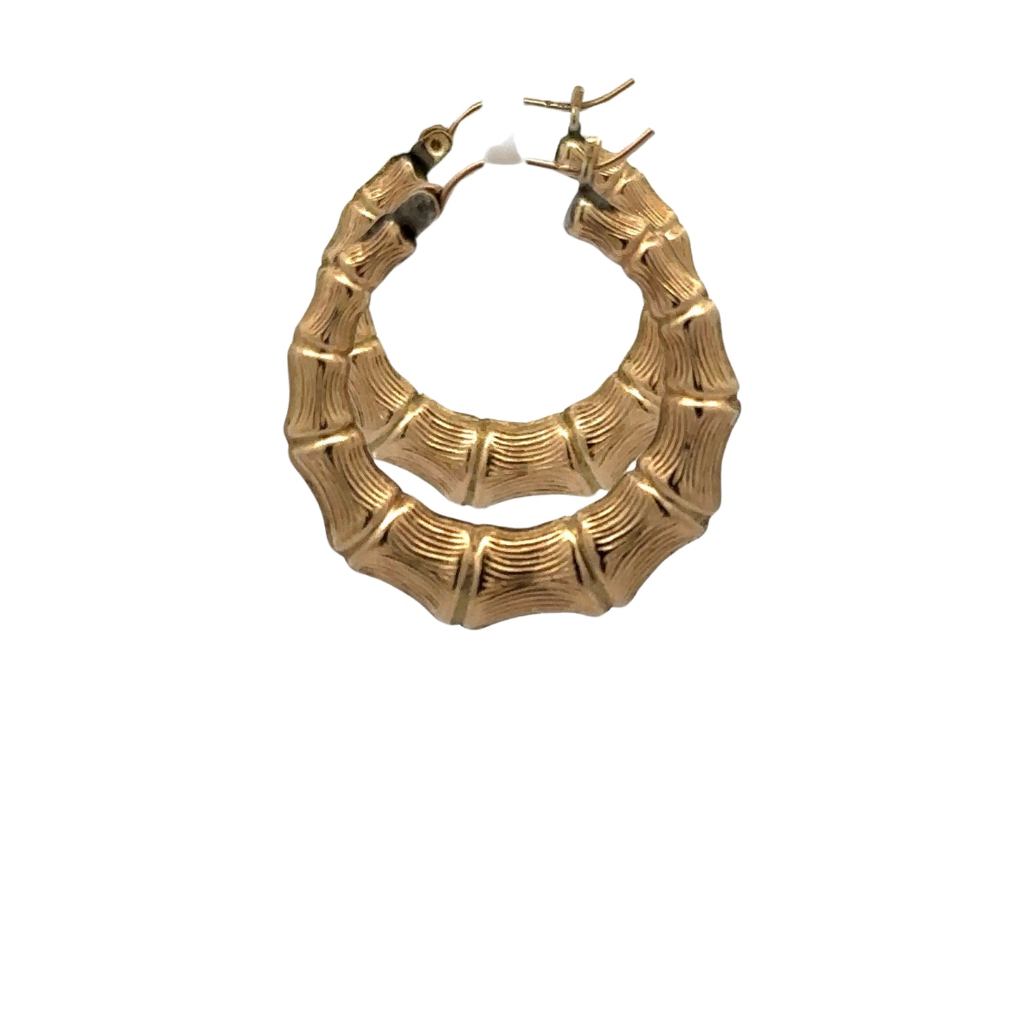 Side of yellow gold bamboo hoop earrings
