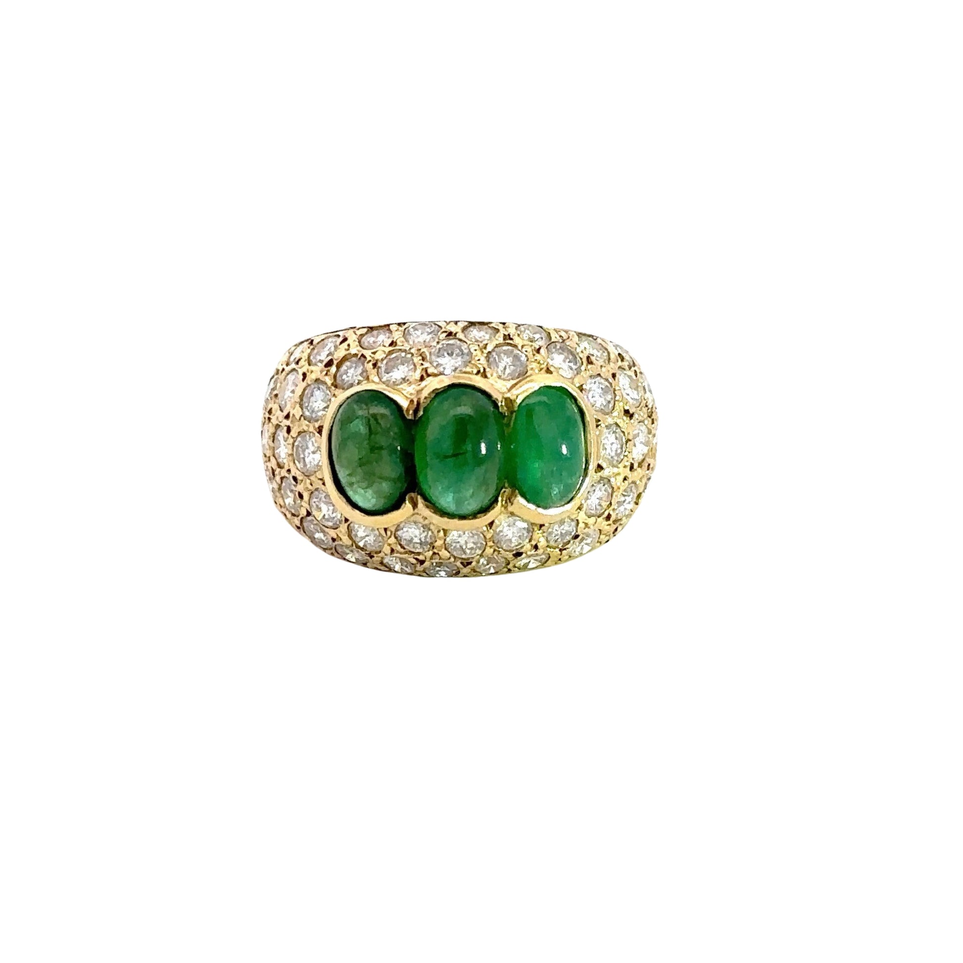 yellow gold ring with diamonds and 3 dome shaped emerald gemstones