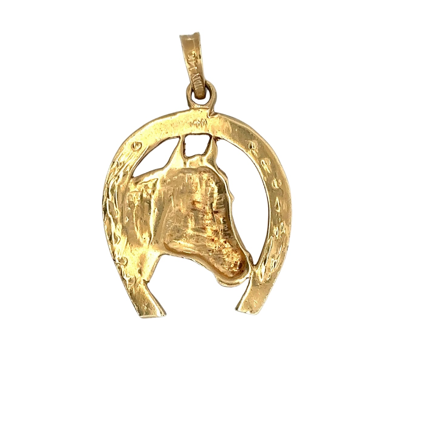 Back of horse shoe pendant with 14K stamp on bail + signs of wear on the gold.