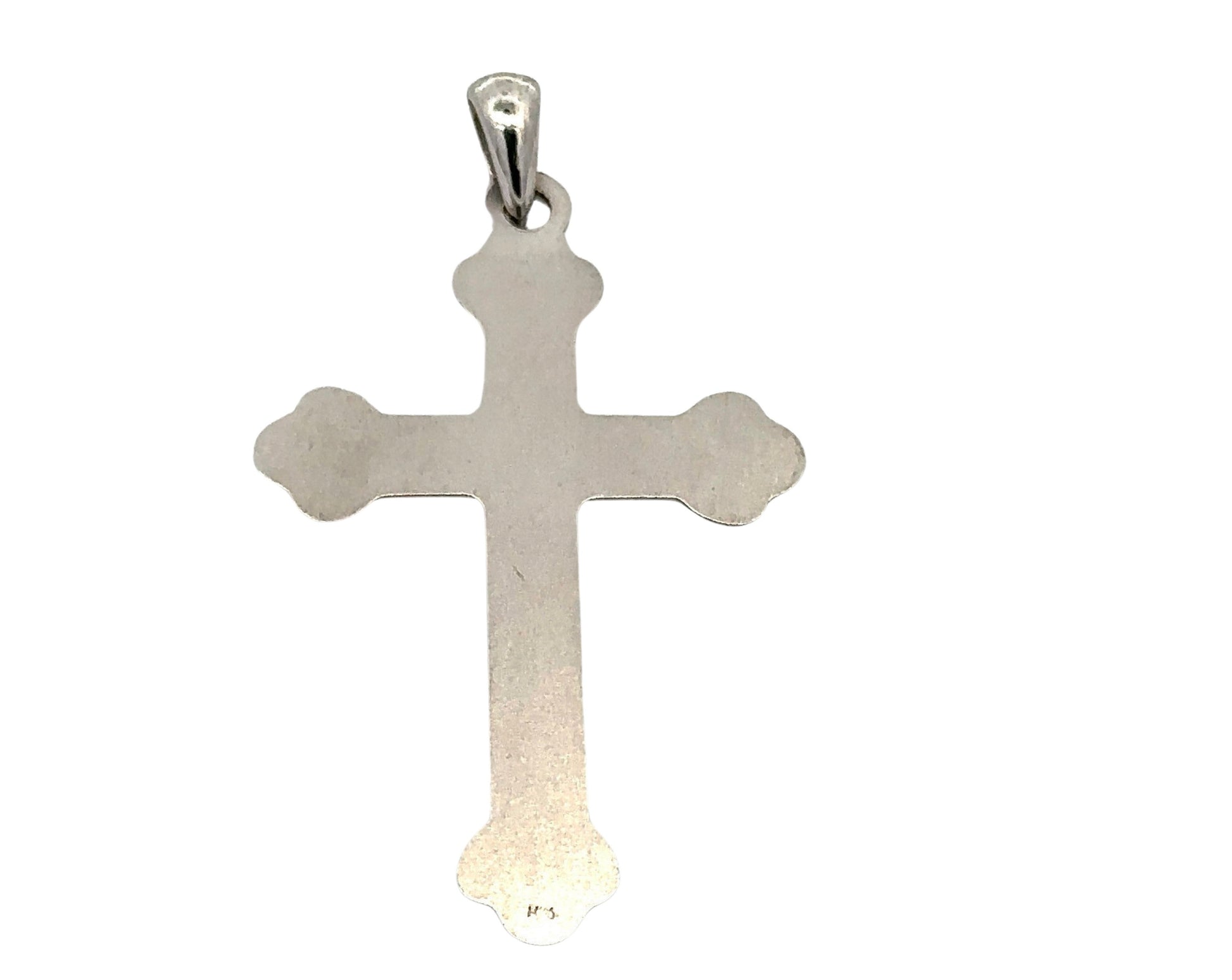 Back of white gold cross with small 14K stamp on bottom + light signs of wear.