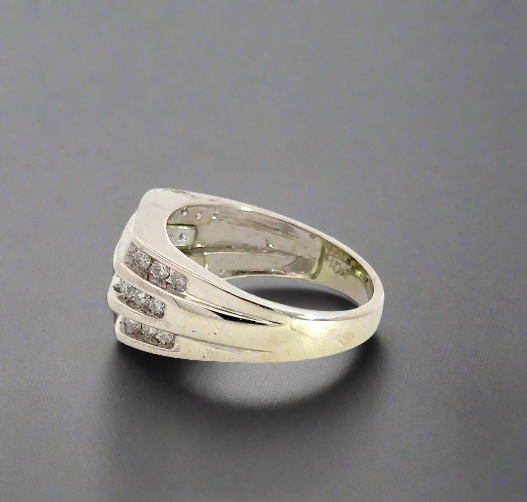 side of white gold ring with scratches
