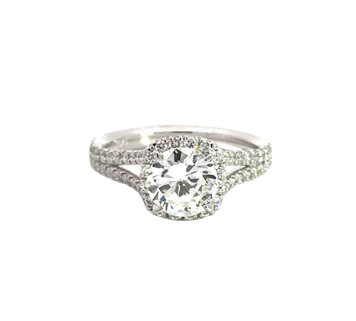 platinum diamond ring with 1.42 carat center stone and diamonds around the center and band