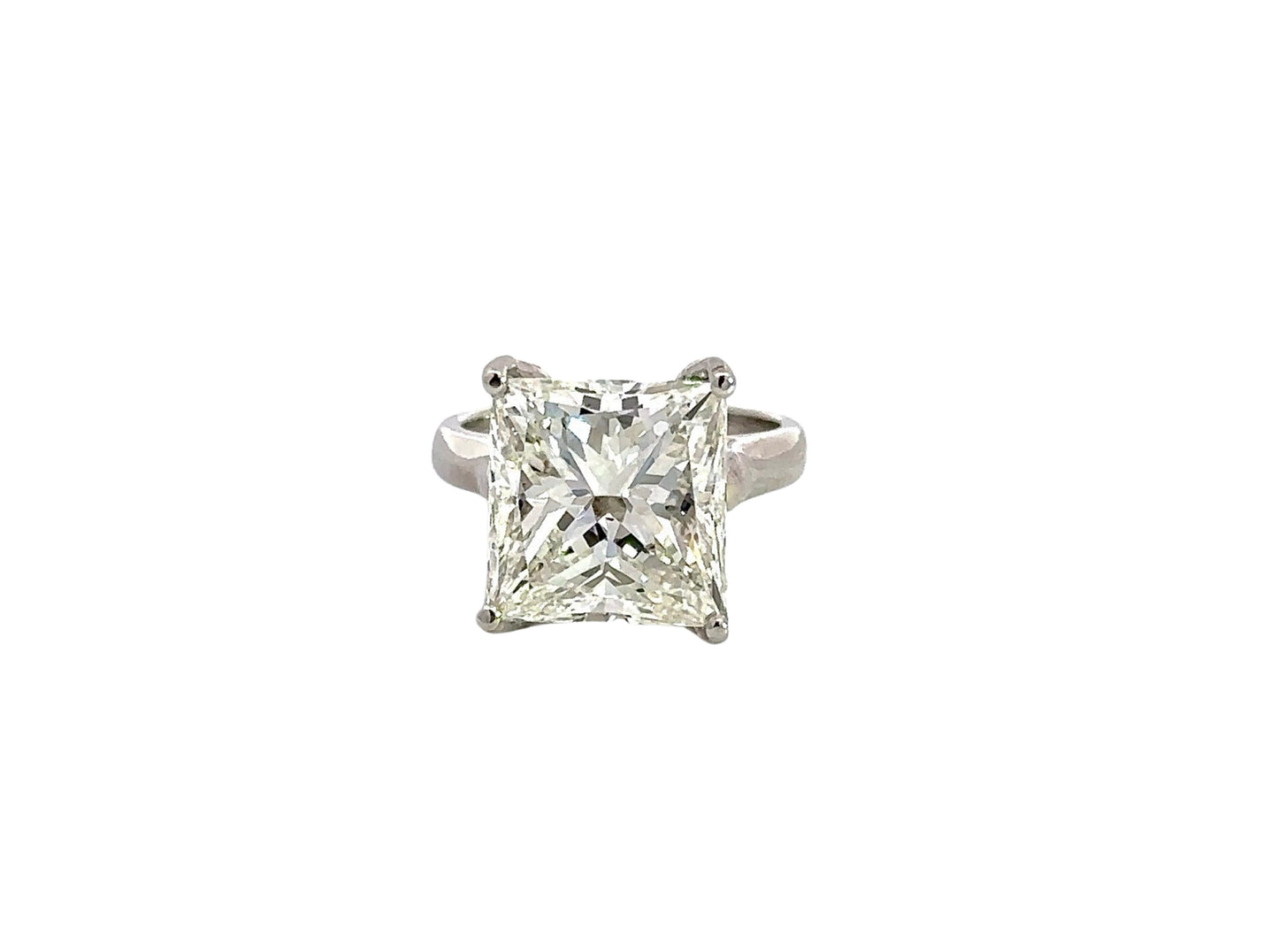 Top of 5.04 carat princess-cut diamond ring in platinum