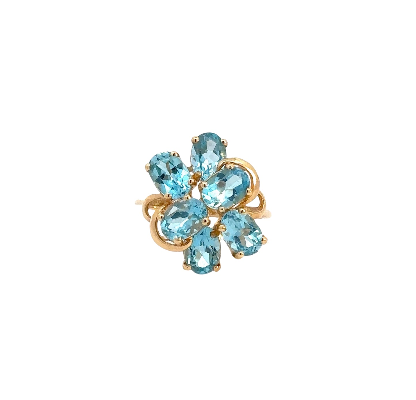 Front of yellow gold ring with 6 oval-shaped blue gemstones