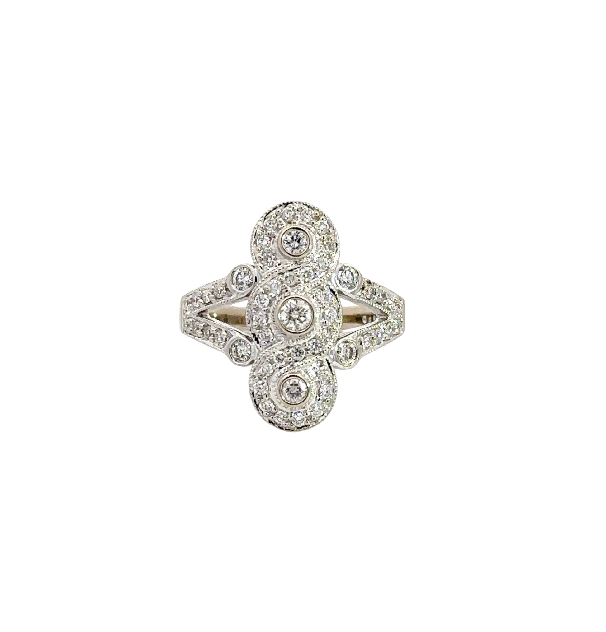 Front of white gold antique style diamond ring with small round brilliant diamonds