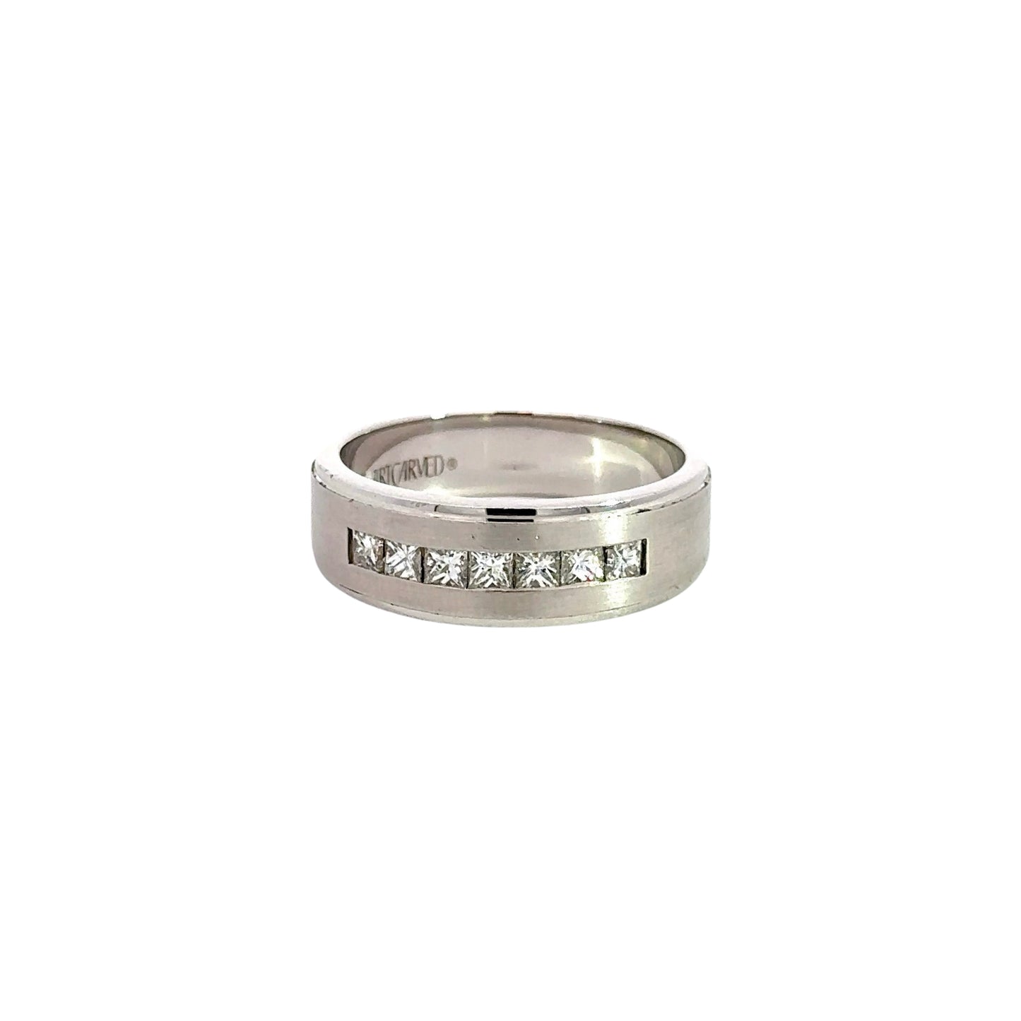 White gold band ring with 7 princess cut diamonds on front of the band. Scratches on gold